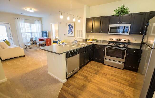 A modern kitchen with black cabinets and stainless steel appliances.