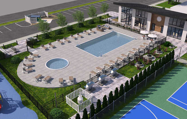 A pool area with a basketball court and a slide.