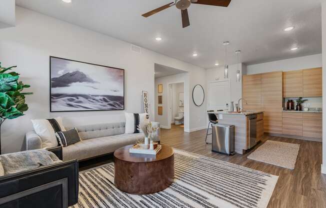 an open living room with a kitchen and a ceiling fan
