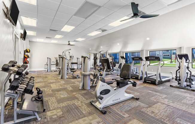 a large fitness room with treadmills and other exercise equipment