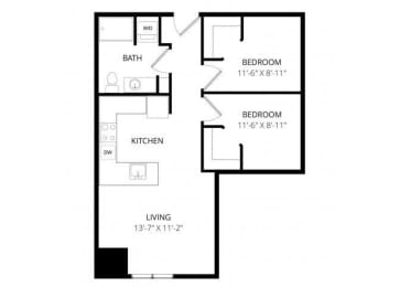2 beds, 1 bath, 615 sqft, $1,780