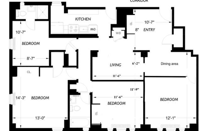 4 beds, 2 baths, 1,400 sqft, $9,500, Unit 12G