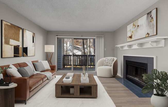 A modern living room with a brown leather couch, a coffee table, a fireplace, and a large window with a view of a snowy landscape.