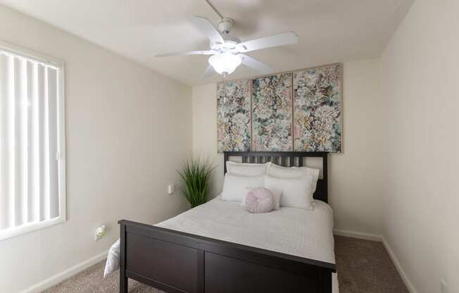 This is a photo of the bedroom in the 472 square foot 1 bedroom, 1 bath apartment at Princeton Court Apartments in the Vickery Meadow neighborhood of Dallas, Texas.