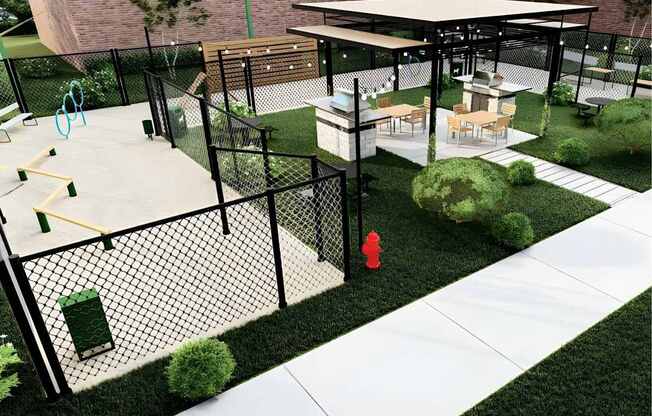Fenced pet play area beside covered outdoor pavilion with grills and seating
