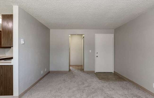A room with a carpeted floor and two doors.