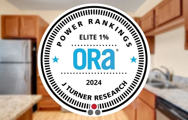 A circular emblem with the text "POWER RANKINGS ELITE 1%" and "ORA 2024" is superimposed on a kitchen background.