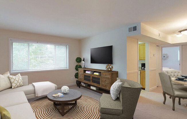 Living room area with modern furniture  at Woodlee Terrace Apartments, Woodbridge, Virginia