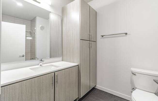 Bathrooms featuring quartz countertops extra storage and space at Pinnacle Heights Apartments at Rogers, Arkansas.