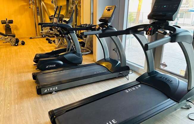 A gym with treadmills and other exercise equipment.
