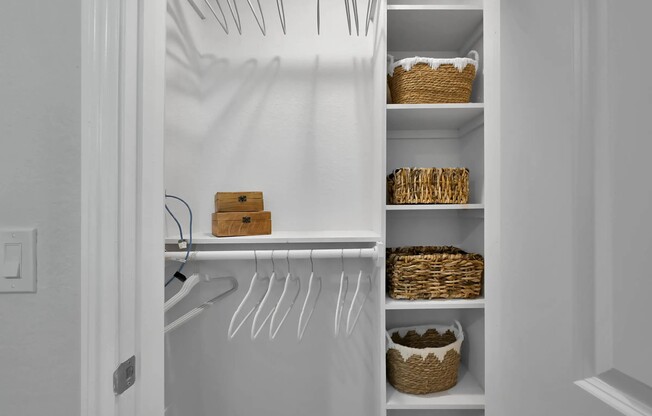 Experience the spaciousness of well-designed storage at Esperanza at Wild Orchid. With ample shelving and elegant baskets, keeping organized has never looked this good. Elevate your living today—schedule a tour and see for yourself!