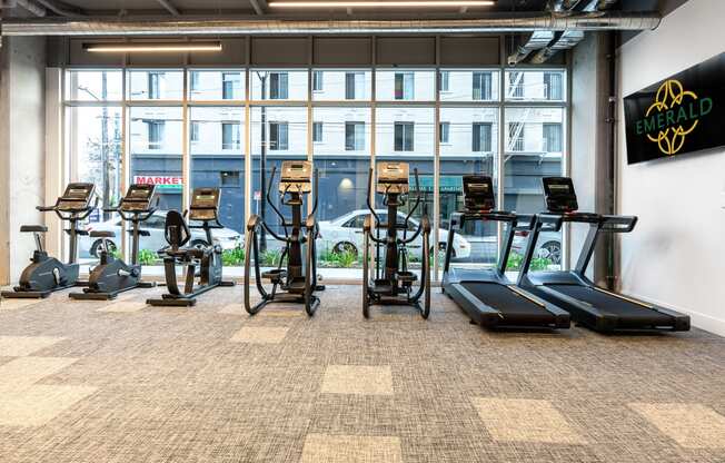 a large fitness room with cardio equipment and a large window