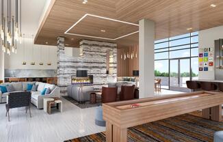 Game room with billiards, shuffleboard, bar area, fireplace, and lounge seating.