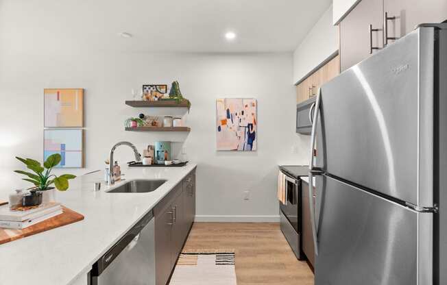 A modern kitchen with a stainless steel refrigerator and a sink with a plant on the counter.