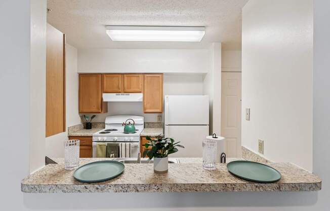 A kitchen with a granite countertop and a white fridge.