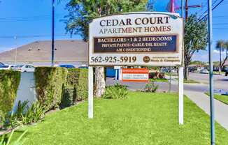 Cedar Court Apartment Homes signage, Bachelors, 1 and 2 bedrooms, private patios, cable/DSL Ready, air conditioning, 562-925-5919