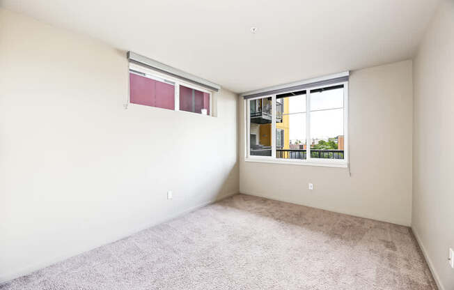 A room with a window and a carpeted floor.
