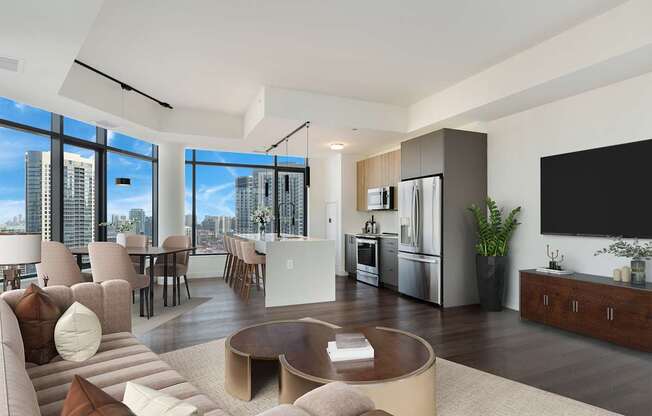 a living room with a couch and a table at Cassidy on Canal, Chicago, IL, 60606