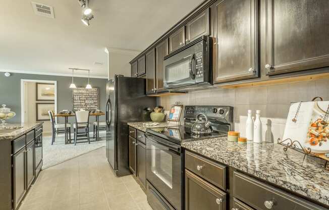 Beautiful kitchen with black energy efficient appliances and granite countertops at Amberleigh Ridge