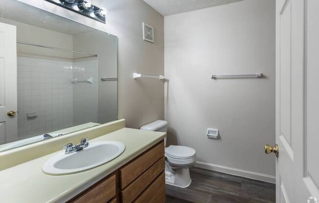 A bathroom with a toilet, sink, and mirror.