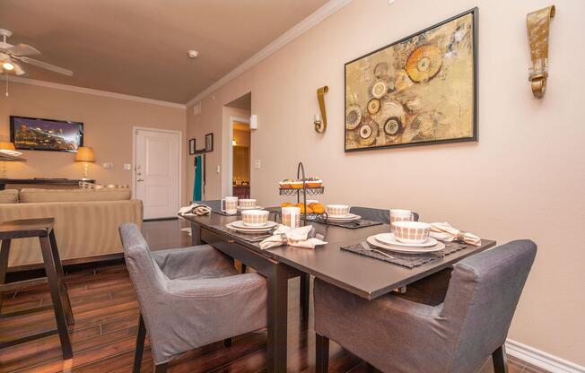 a kitchen with a table in a room