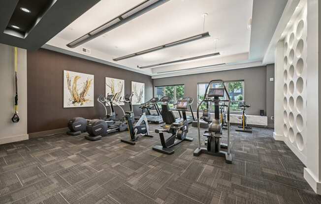 A gym with a variety of exercise equipment.