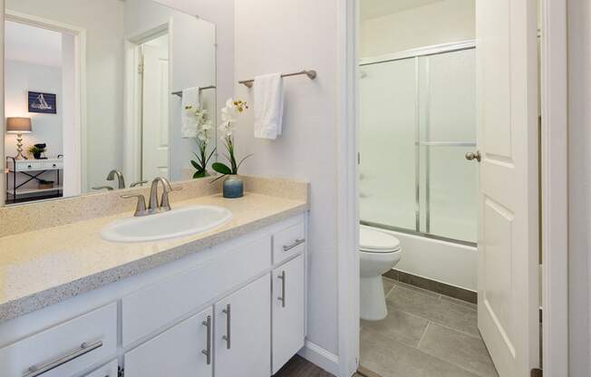 Bathroom With Adequate Storage at Three Crown Apartments, Alameda, 94501