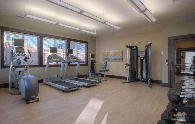 A gym with treadmills, elliptical machines, and dumbbells. at Mill Creek Meadows Apartments, Mill Creek, WA