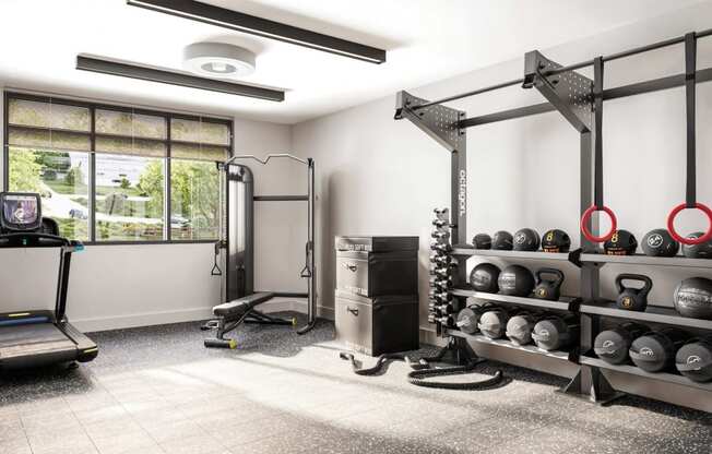 a gym with weights and other equipment in a room with a window at Link Apartments® CYKEL Apartments, North Carolina, 28208