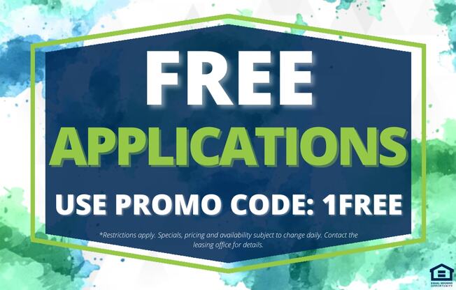 a blue and yellow sign that says free applications use promo code free