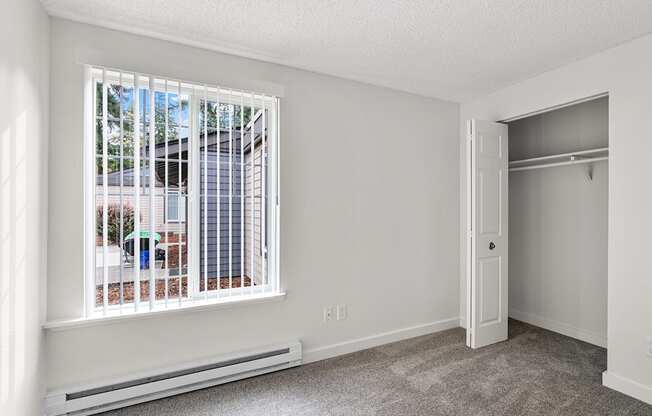 A room with a window and a closet