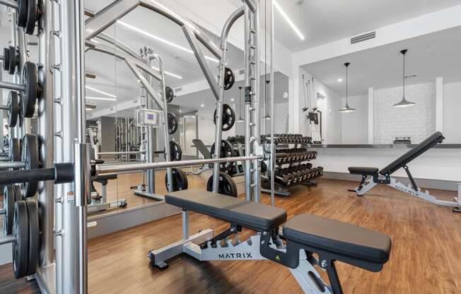 the gym is equipped with weights and cardio equipment