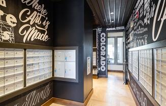 a retail store with black walls and glass cases of shoes