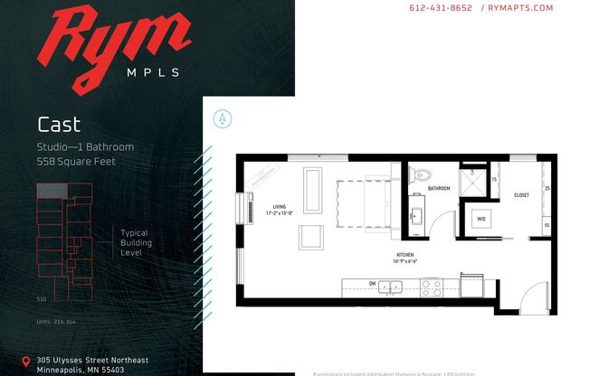 Studio, 1 bath, 558 sqft, $1,275, Unit 314