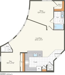 1 bed, 1 bath, 1,031 sqft, $2,411