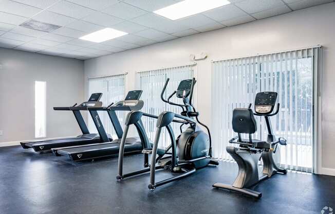 the gym has cardio equipment and treadmills  at The Park at Chesterfield Apartment Homes, Tampa, FL