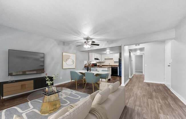 Overland Park, KS Apartments – Treetop Lodge – A living room with a television, a sofa, and a coffee table.