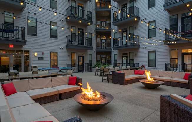 outdoor courtyard with fireside lounging areas at Artisan on 18th, Nashville, TN, 37203