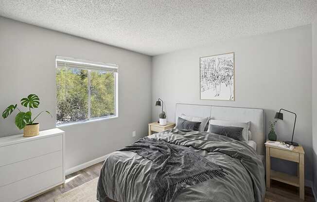 Model Bedroom with Carpet and Window View at Hilands Apartments in Tucson, AZ.