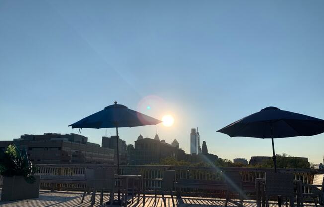 The view of the Philadelphia skyline from the View at Old City's rooftop patio