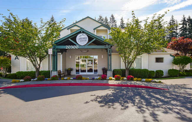 Community Clubhouse Front Entrance at Landings at Morrison Apartments located in Gresham, OR.