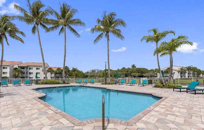 a resort style swimming pool with palm trees
