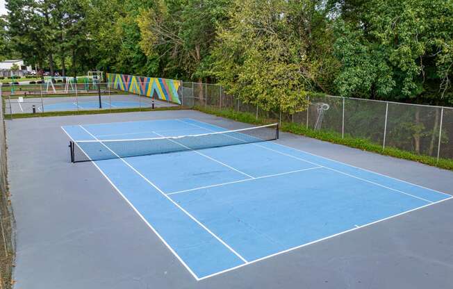 a blue tennis court with trees in the background