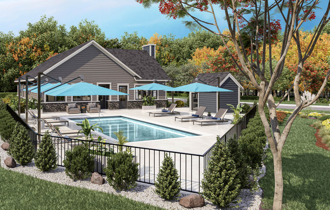 a backyard with a pool and a patio with umbrellas
