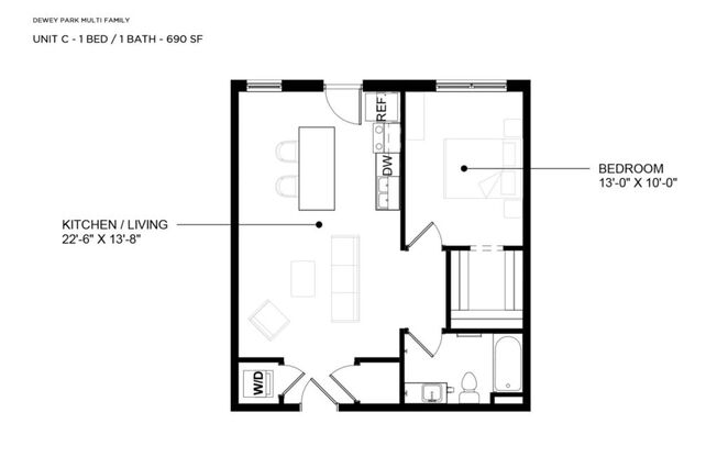 1 bed, 1 bath, 690 sqft, $1,365, Unit 103