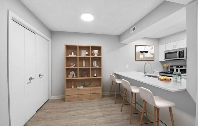A kitchen with a white countertop and a white door.
