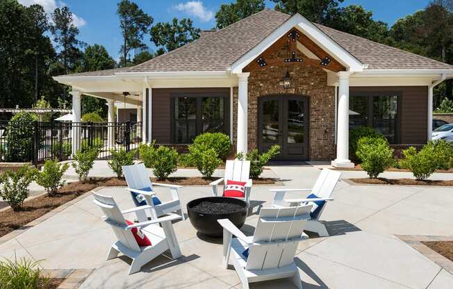 Outdoor Grilling Area with Seating & Fire Pit at Echo at North Pointe Center Apartment Homes, Alpharetta, GA 30009