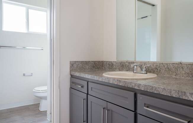 a bathroom with gray cabinets and a white toilet