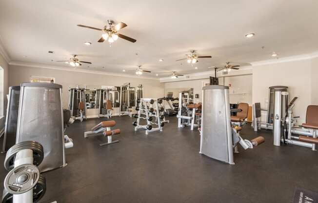 the gym has a variety of weights and cardio equipment at Arlo Luxury homes Apartments, Little Rock