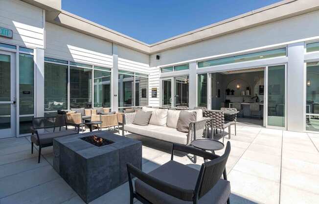 a covered patio with furniture and a fire pit